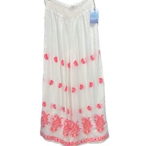 GOA BEACHWEAR BY JAPNA WHITE WIDE LEG PANTS WITH PINK‎ DESIGN SIZE LARGE.